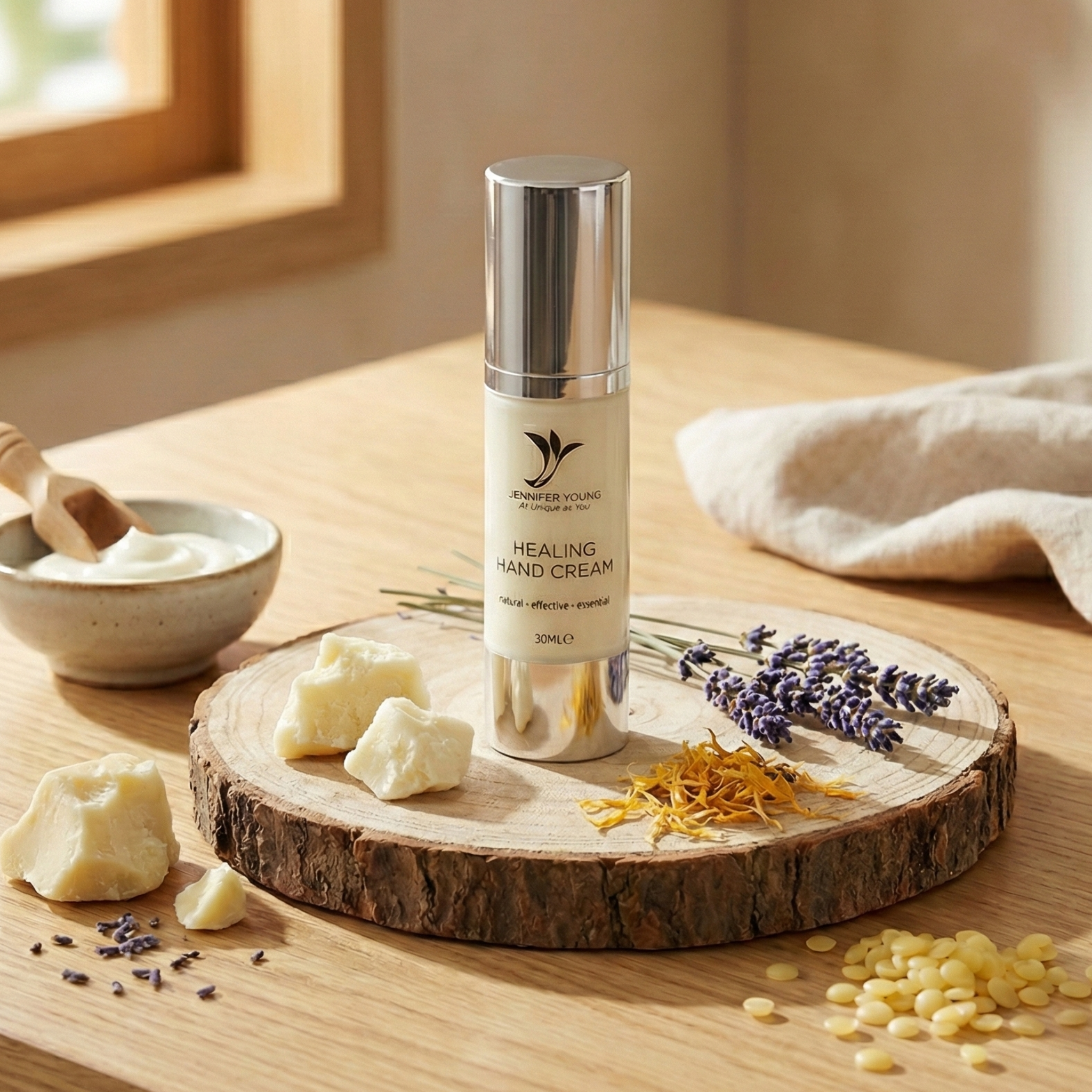 Healing hand cream bottle on a wooden surface with natural ingredients