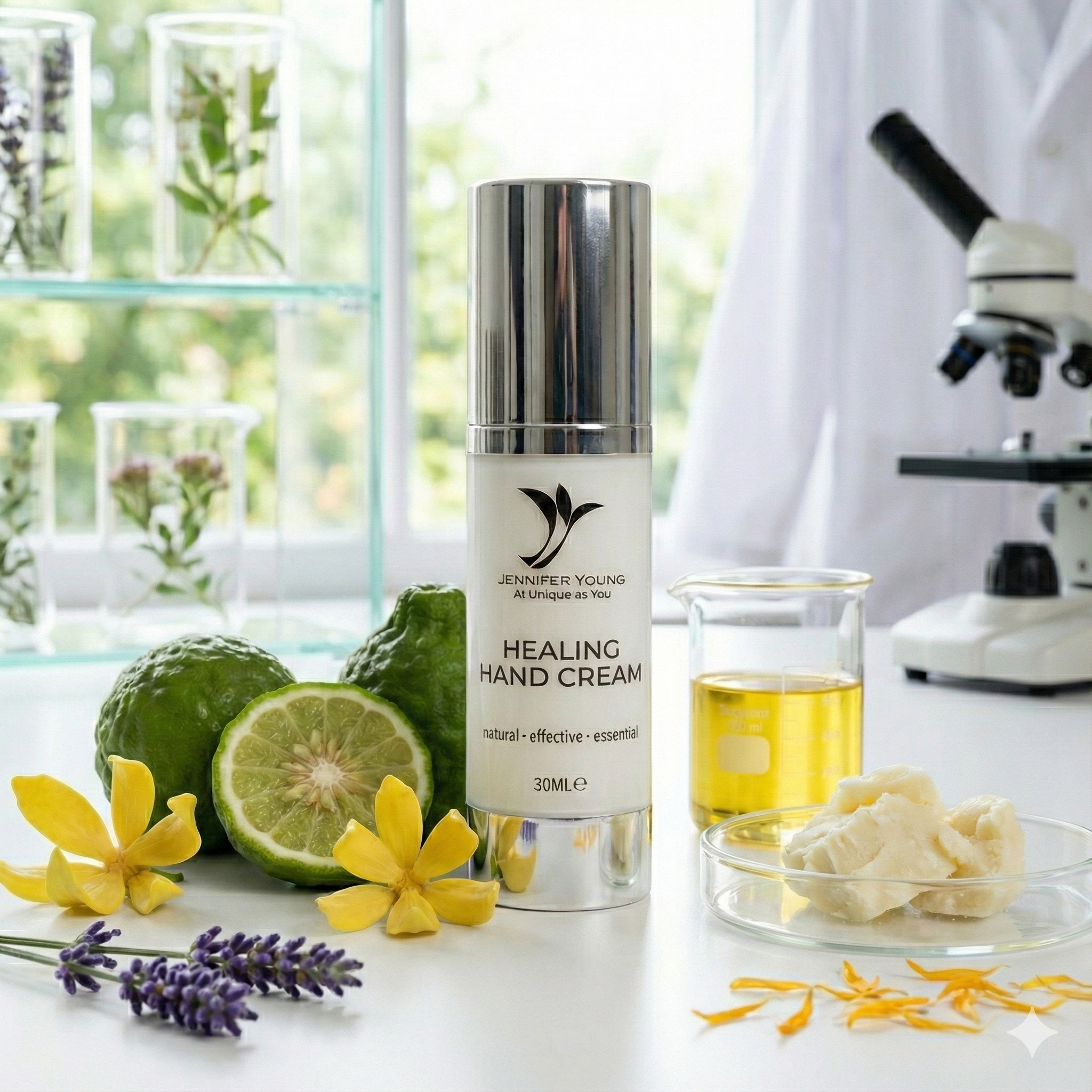 Healing hand cream bottle with natural ingredients on a table