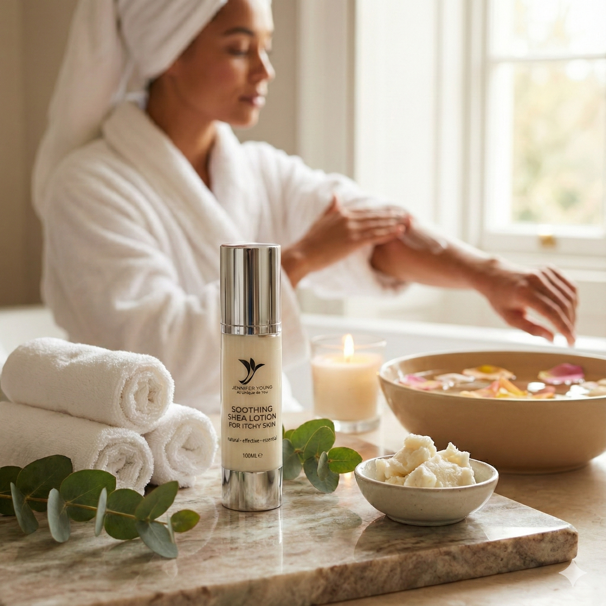 Woman in a bathrobe with skincare products and a candle on a marble surface.