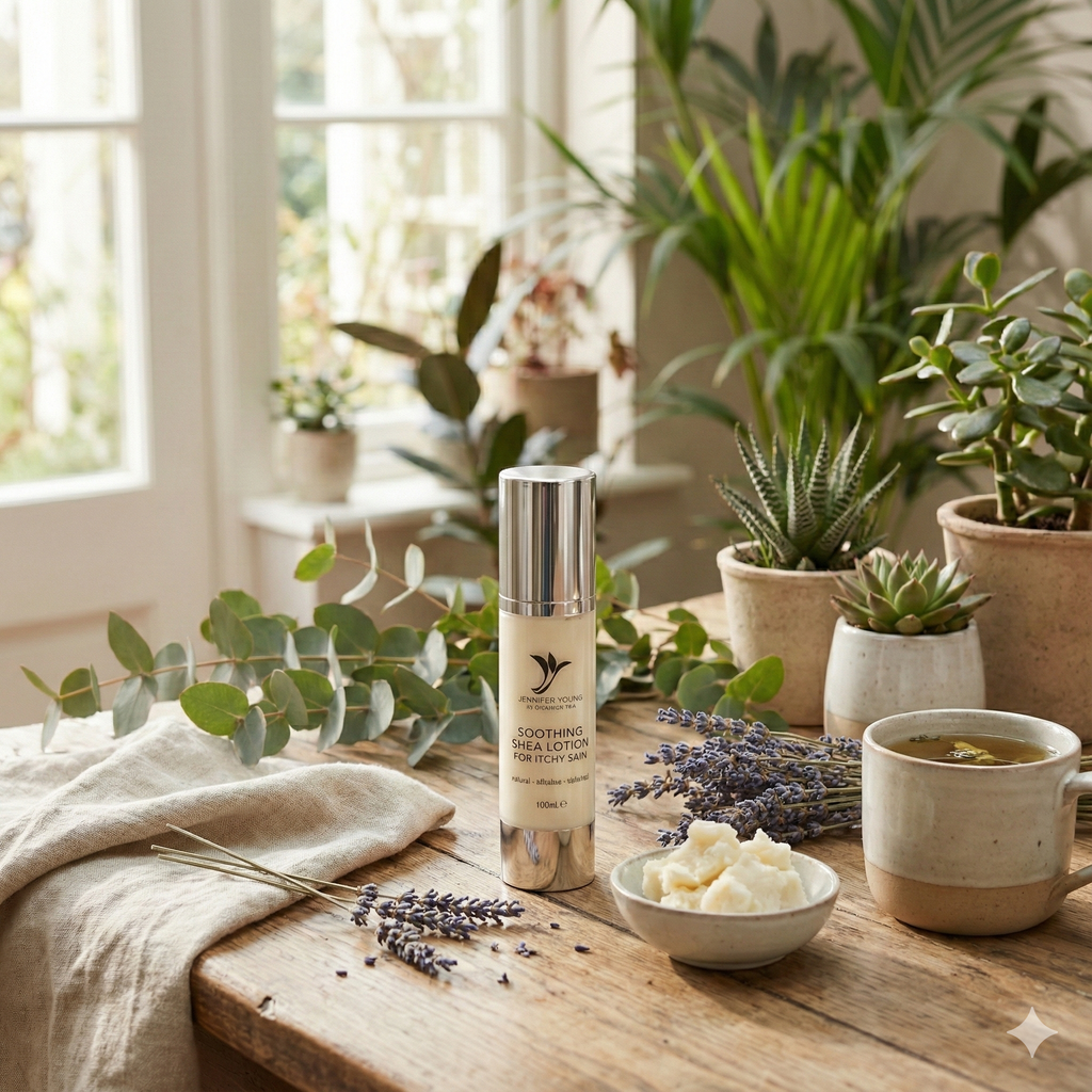 Skincare products on a wooden table with plants and lavender in the background