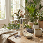 Skincare products on a wooden table with plants and lavender in the background