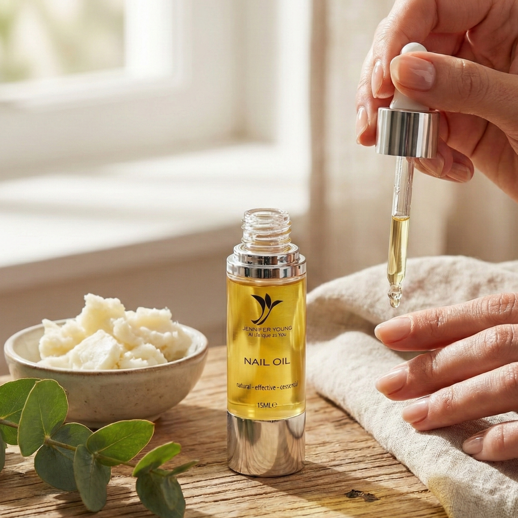 Hand holding a dropper with nail oil, next to a bottle of nail oil and a bowl of white crystals on a wooden surface.