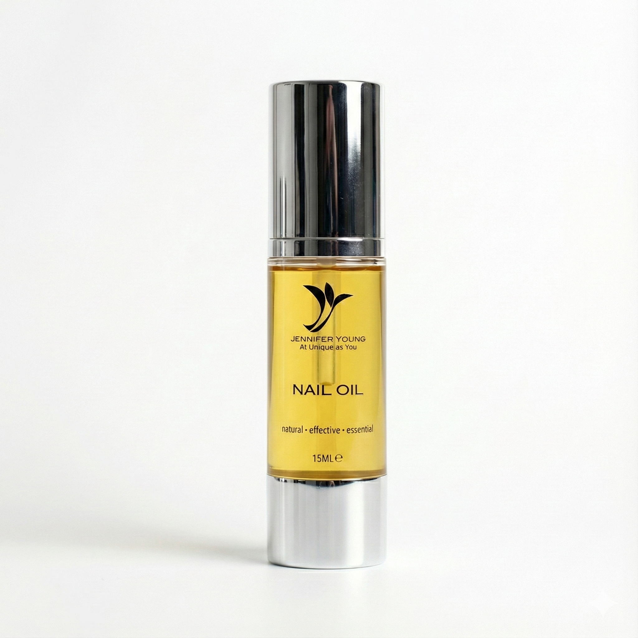 Bottle of Jennifer Young nail oil on a white background