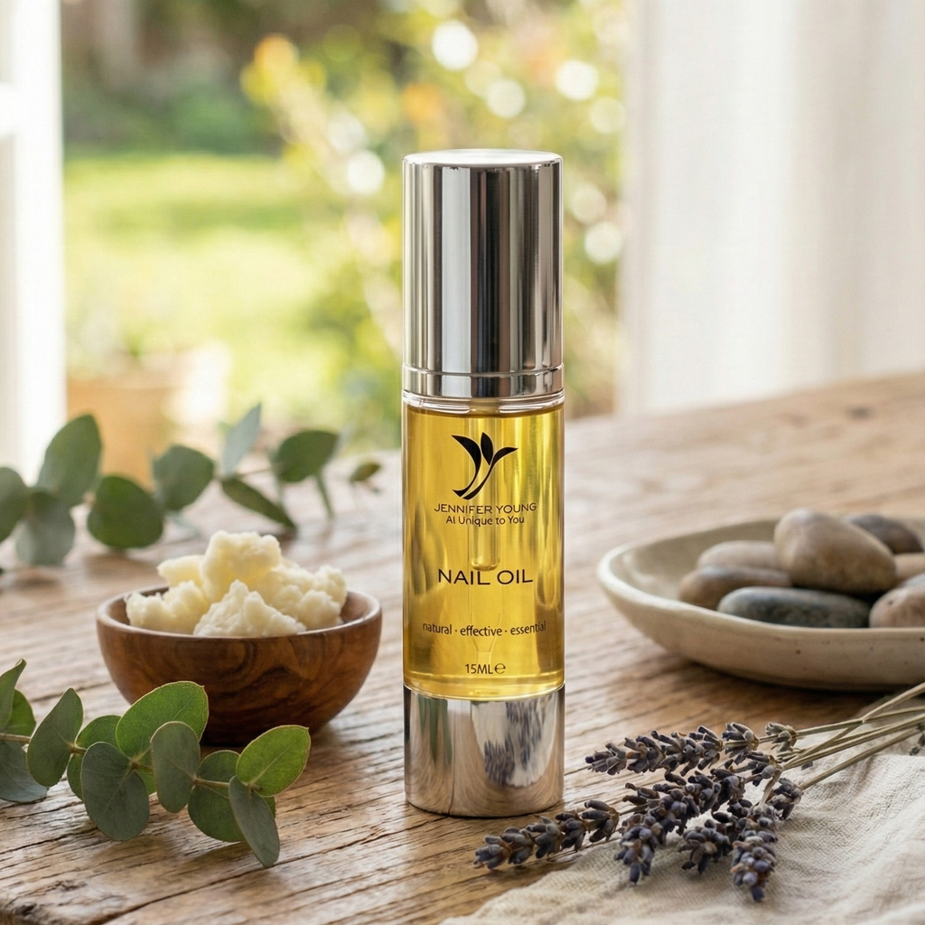 Bottle of Jennifer Young Nail Oil on a wooden surface with natural elements.